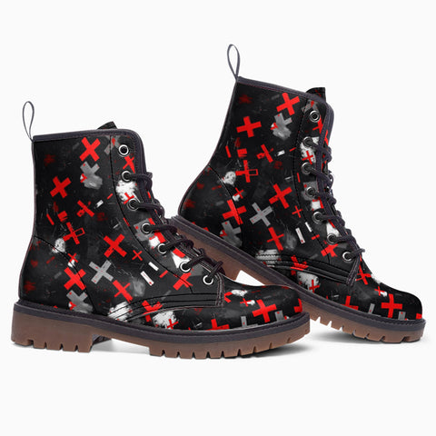 Leather Boots Abstract Art Red and White Crosses