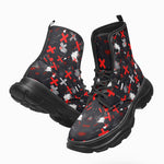 PU Leather Chunky Boots Abstract Art Red and White Crosses