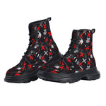 PU Leather Chunky Boots Abstract Art Red and White Crosses