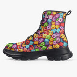 PU Leather Chunky Boots Colorful Cartoon Cubes Faces