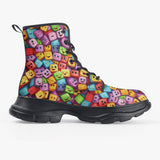 PU Leather Chunky Boots Colorful Cartoon Cubes Faces