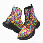 PU Leather Chunky Boots Colorful Cartoon Cubes Faces
