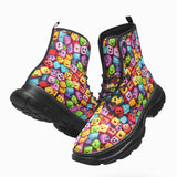 PU Leather Chunky Boots Colorful Cartoon Cubes Faces
