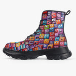 PU Leather Chunky Boots Vibrant and Colorful Square Characters
