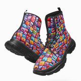 PU Leather Chunky Boots Vibrant and Colorful Square Characters