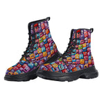 PU Leather Chunky Boots Vibrant and Colorful Square Characters