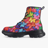 PU Leather Chunky Boots Colorful Maple Leaves