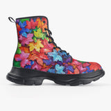 PU Leather Chunky Boots Colorful Maple Leaves