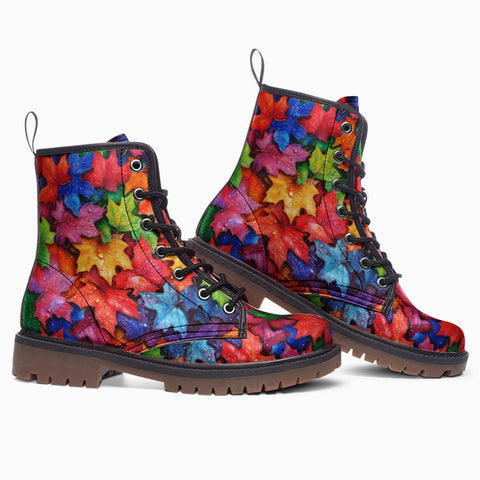 Leather Boots Colorful Maple Leaves