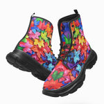 PU Leather Chunky Boots Colorful Maple Leaves