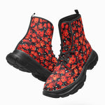 PU Leather Chunky Boots Ladybugs Art Pattern