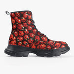PU Leather Chunky Boots Ladybugs Print Pattern