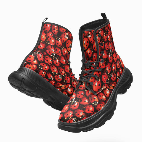 PU Leather Chunky Boots Ladybugs Print Pattern