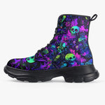 PU Leather Chunky Boots Vibrant Pattern of Neon Skulls