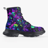 PU Leather Chunky Boots Vibrant Pattern of Neon Skulls
