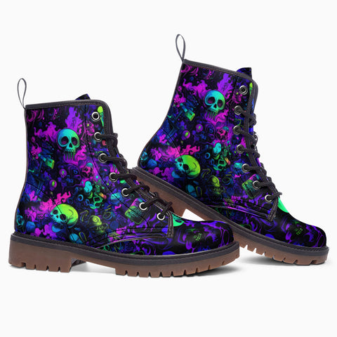 Leather Boots Vibrant Pattern of Neon Skulls