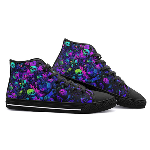 High-Top Canvas Shoes Vibrant Pattern of Neon Skulls