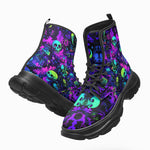PU Leather Chunky Boots Vibrant Pattern of Neon Skulls