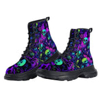 PU Leather Chunky Boots Vibrant Pattern of Neon Skulls