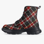 PU Leather Chunky Boots Red and Black Tartan Pattern