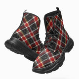 PU Leather Chunky Boots Red and Black Tartan Pattern