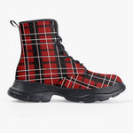 PU Leather Chunky Boots Red and Black Plaid Pattern