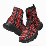 PU Leather Chunky Boots Red and Black Plaid Pattern