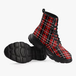 PU Leather Chunky Boots Red and Black Plaid Pattern