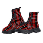 PU Leather Chunky Boots Red and Black Plaid Pattern