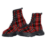 PU Leather Chunky Boots Red and Black Plaid Pattern