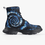 PU Leather Chunky Boots Blue Tie Dye Pattern
