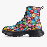 PU Leather Chunky Boots Vibrant and Colorful Buttons