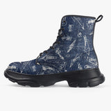 PU Leather Chunky Boots Navy Blue Denim Fabric White Doodles
