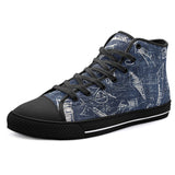 High-Top Canvas Shoes Navy Blue Denim Fabric White Doodles