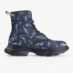 PU Leather Chunky Boots Navy Blue Denim Fabric White Doodles