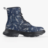 PU Leather Chunky Boots Navy Blue Denim Fabric White Doodles