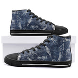 High-Top Canvas Shoes Navy Blue Denim Fabric White Doodles