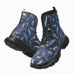 PU Leather Chunky Boots Navy Blue Denim Fabric White Doodles