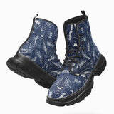 PU Leather Chunky Boots Navy Blue Denim Fabric White Doodles