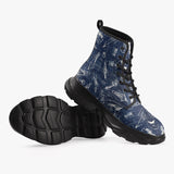PU Leather Chunky Boots Navy Blue Denim Fabric White Doodles
