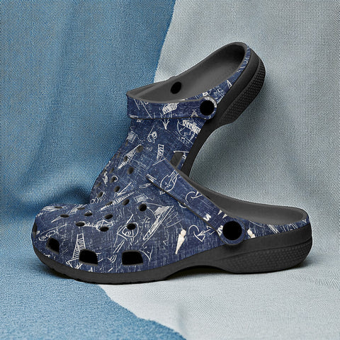 Classic Clogs Navy Blue Denim Fabric White Doodles