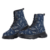 PU Leather Chunky Boots Navy Blue Denim Fabric White Doodles