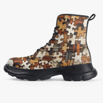 PU Leather Chunky Boots Wooden Puzzle Pattern