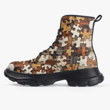 PU Leather Chunky Boots Wooden Puzzle Pattern