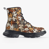 PU Leather Chunky Boots Wooden Puzzle Pattern