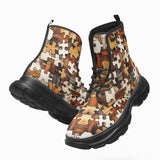 PU Leather Chunky Boots Wooden Puzzle Pattern