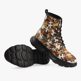 PU Leather Chunky Boots Wooden Puzzle Pattern