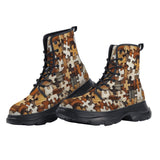 PU Leather Chunky Boots Wooden Puzzle Pattern