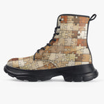 PU Leather Chunky Boots Wooden Puzzle Pieces