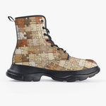 PU Leather Chunky Boots Wooden Puzzle Pieces